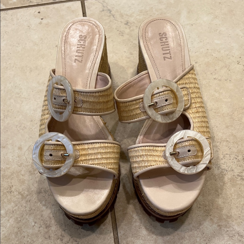 SCHUTZ Natural Woven Wedge Sandals